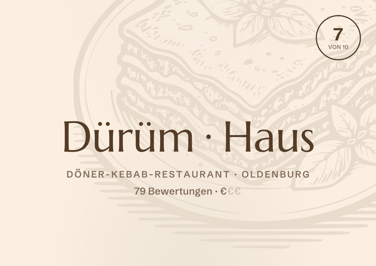 Illustriertes Poster von Dürüm Haus, Döner-Kebab-Restaurant in Oldenburg: Bewertung 7 von 10 aus 79 Bewertungen, Preisniveau €