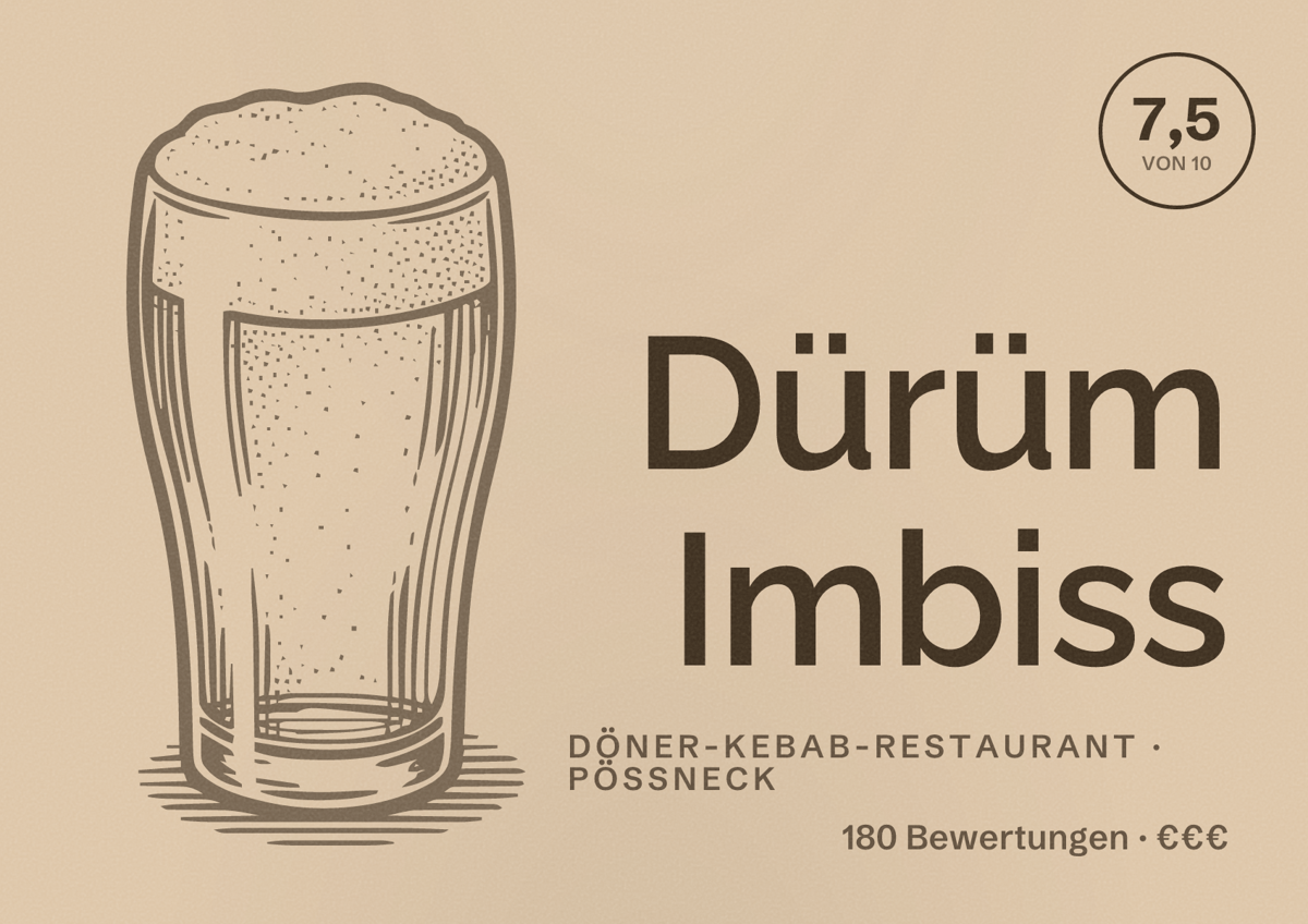 Illustriertes Poster von Dürüm Imbiss, Döner-Kebab-Restaurant in Pößneck: Bewertung 7,5 von 10 aus 180 Bewertungen, Preisniveau €€€