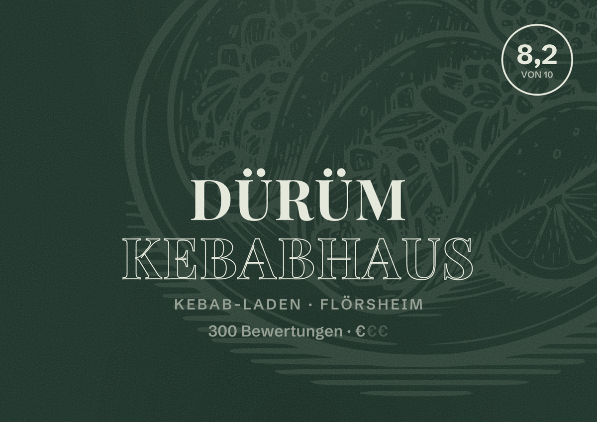 Illustriertes Poster von Dürüm Kebabhaus, Kebab-Laden in Flörsheim: Bewertung 8,2 von 10 aus 300 Bewertungen, Preisniveau €