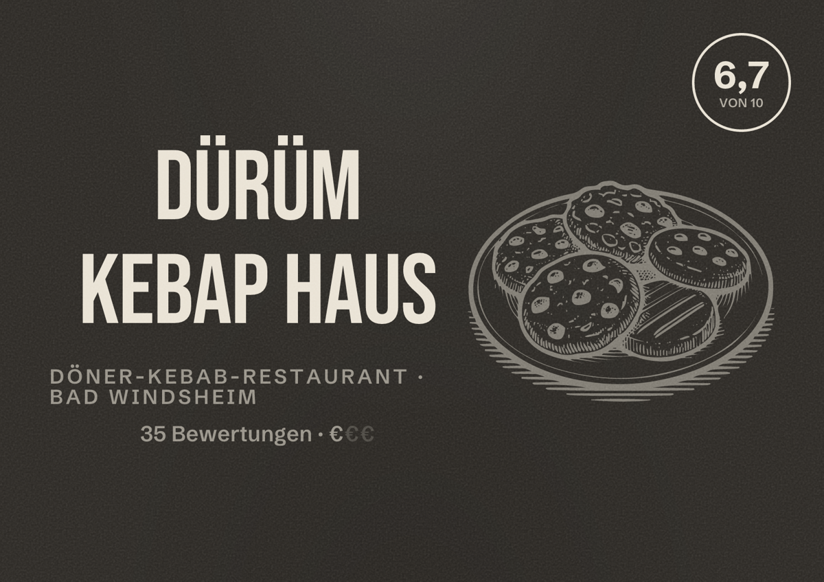 Illustriertes Poster von Dürüm Kebap Haus, Döner-Kebab-Restaurant in Bad Windsheim: Bewertung 6,7 von 10 aus 35 Bewertungen, Preisniveau €