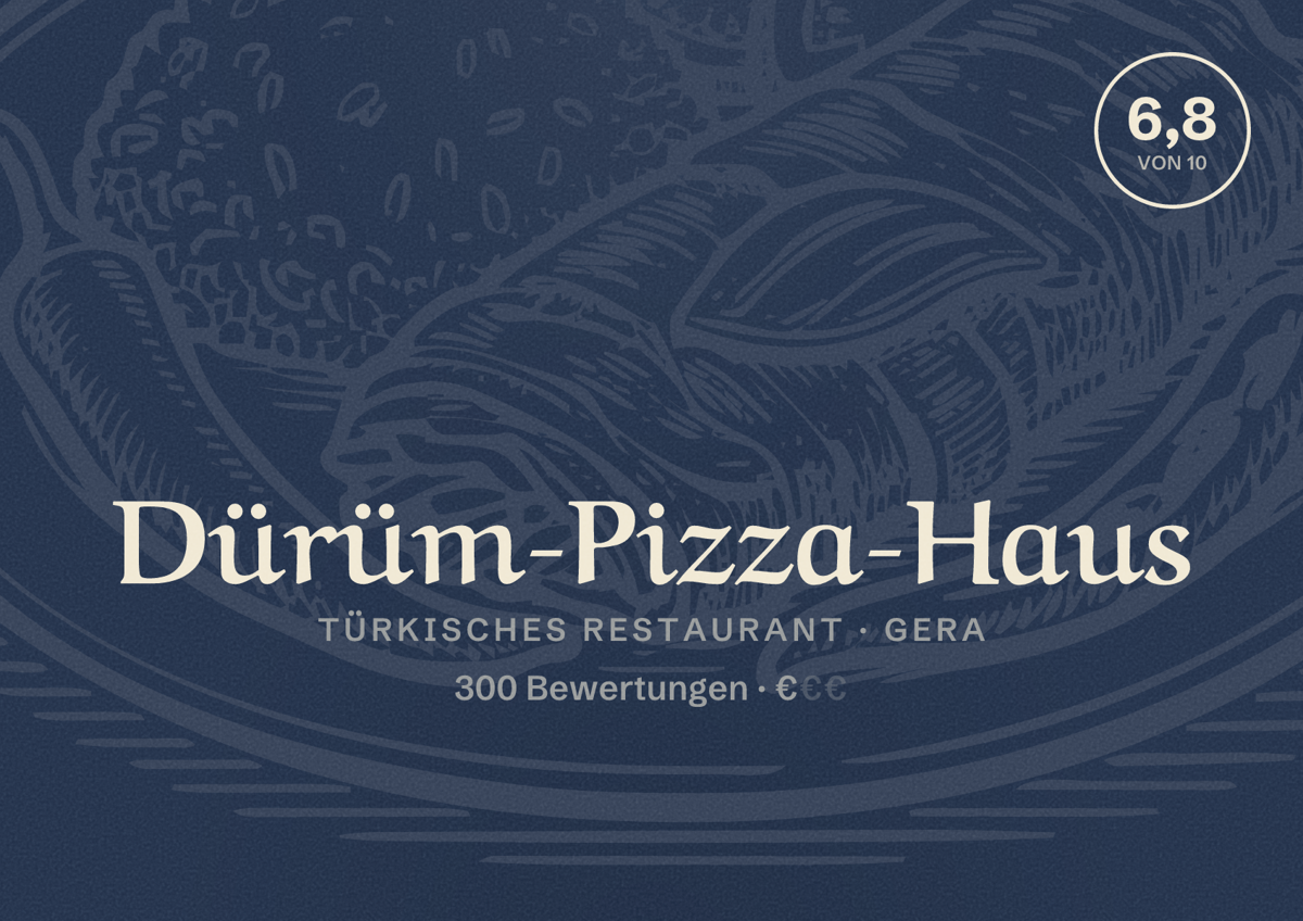 Illustriertes Poster von Dürüm-Pizza-Haus, Türkisches Restaurant in Gera: Bewertung 6,8 von 10 aus 300 Bewertungen, Preisniveau €