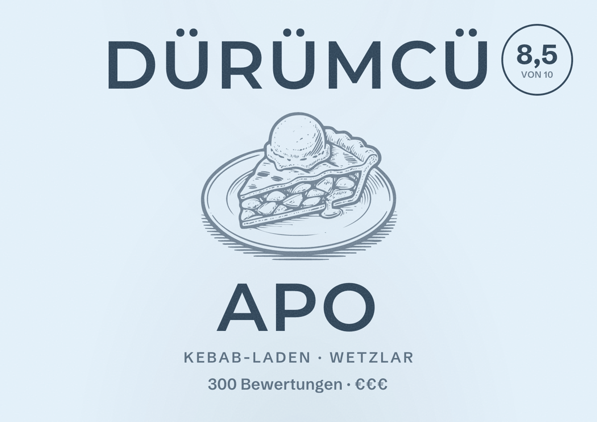 Illustriertes Poster von Dürümcü Apo, Kebab-Laden in Wetzlar: Bewertung 8,5 von 10 aus 300 Bewertungen, Preisniveau €€€