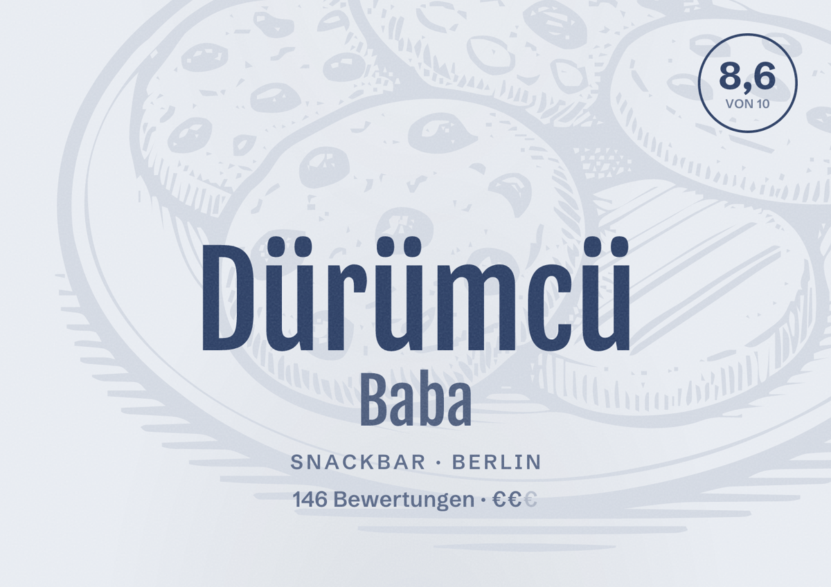 Illustriertes Poster von Dürümcü Baba, Snackbar in Berlin: Bewertung 8,6 von 10 aus 146 Bewertungen, Preisniveau €€