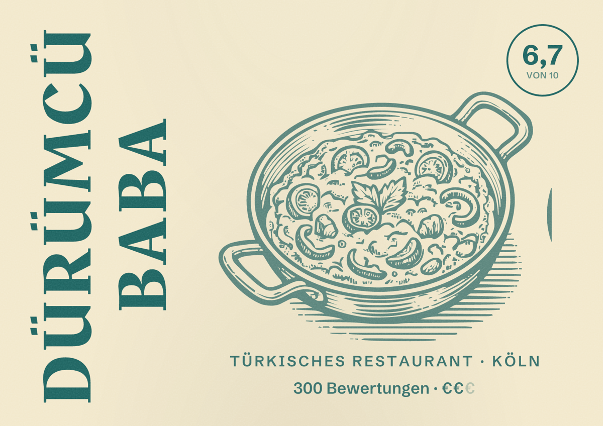 Illustriertes Poster von Dürümcü Baba, Türkisches Restaurant in Köln: Bewertung 6,7 von 10 aus 300 Bewertungen, Preisniveau €€
