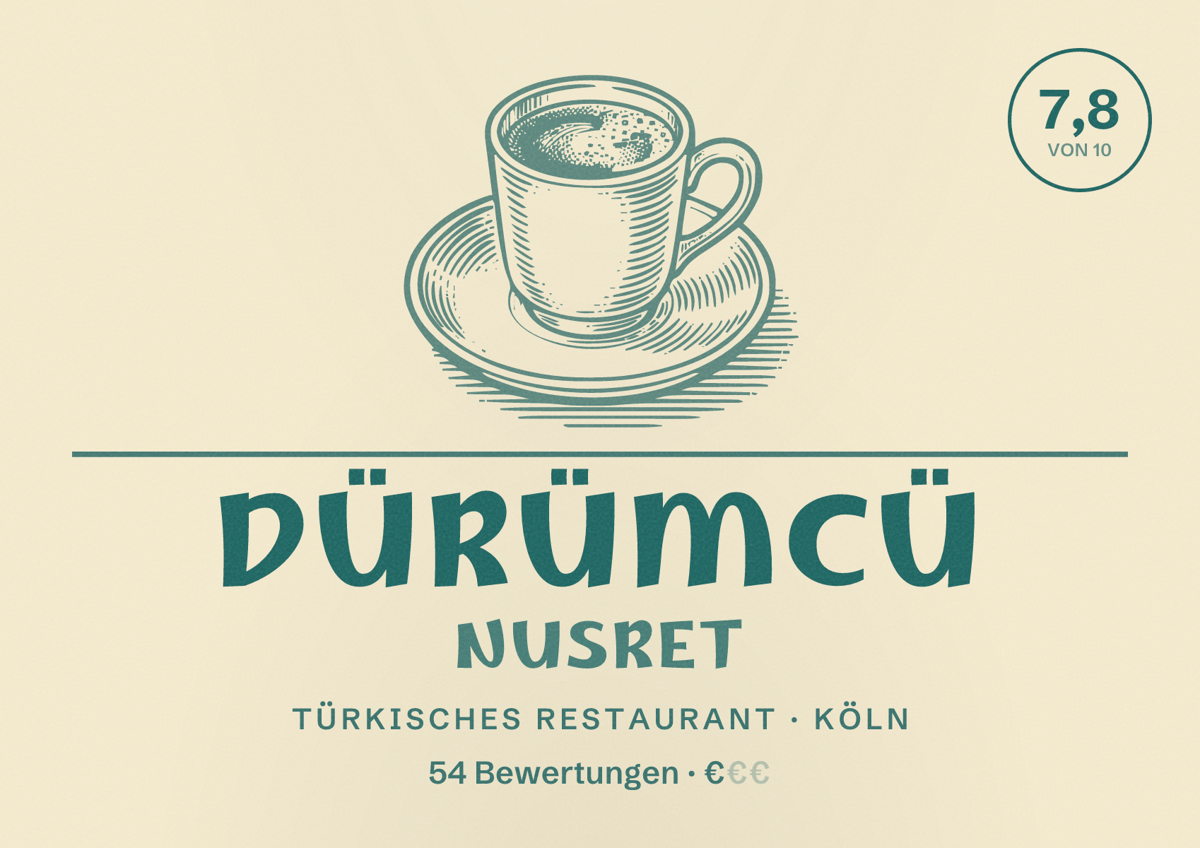 Illustriertes Poster von Dürümcü Nusret, Türkisches Restaurant in Köln: Bewertung 7,8 von 10 aus 54 Bewertungen, Preisniveau €