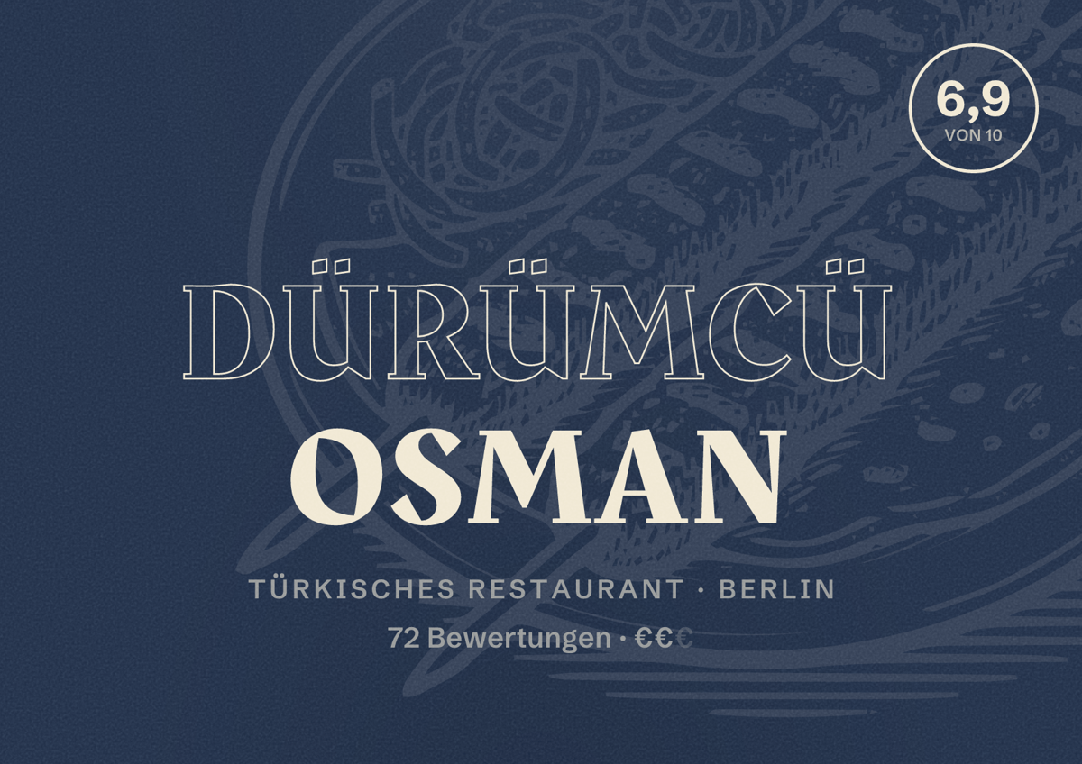 Illustriertes Poster von Dürümcü Osman, Türkisches Restaurant in Berlin: Bewertung 6,9 von 10 aus 72 Bewertungen, Preisniveau €€