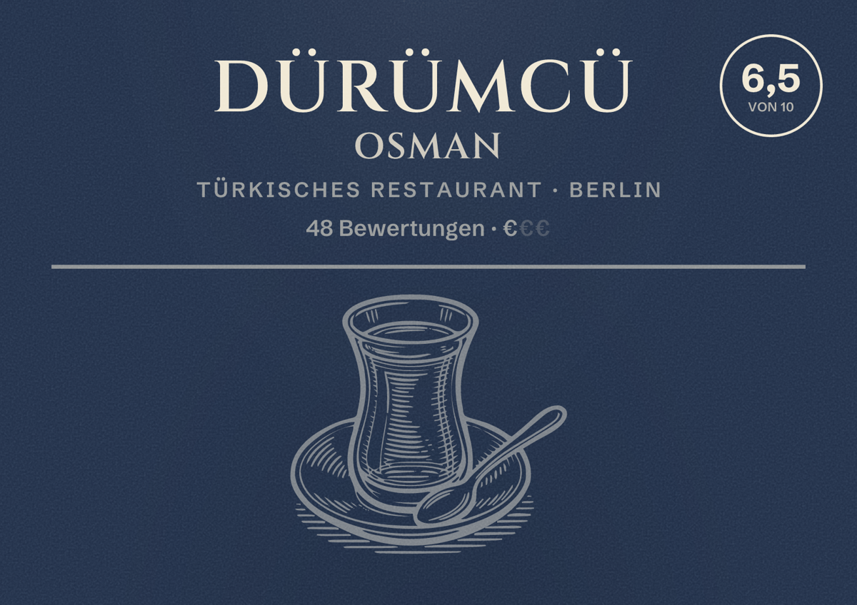 Illustriertes Poster von Dürümcü Osman, Türkisches Restaurant in Berlin: Bewertung 6,5 von 10 aus 48 Bewertungen, Preisniveau €