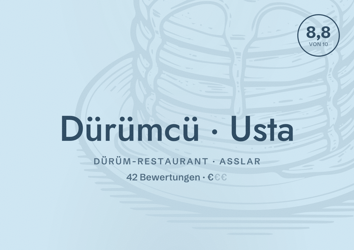 Illustriertes Poster von Dürümcü Usta, Dürüm-Restaurant in Aßlar: Bewertung 8,8 von 10 aus 42 Bewertungen, Preisniveau €