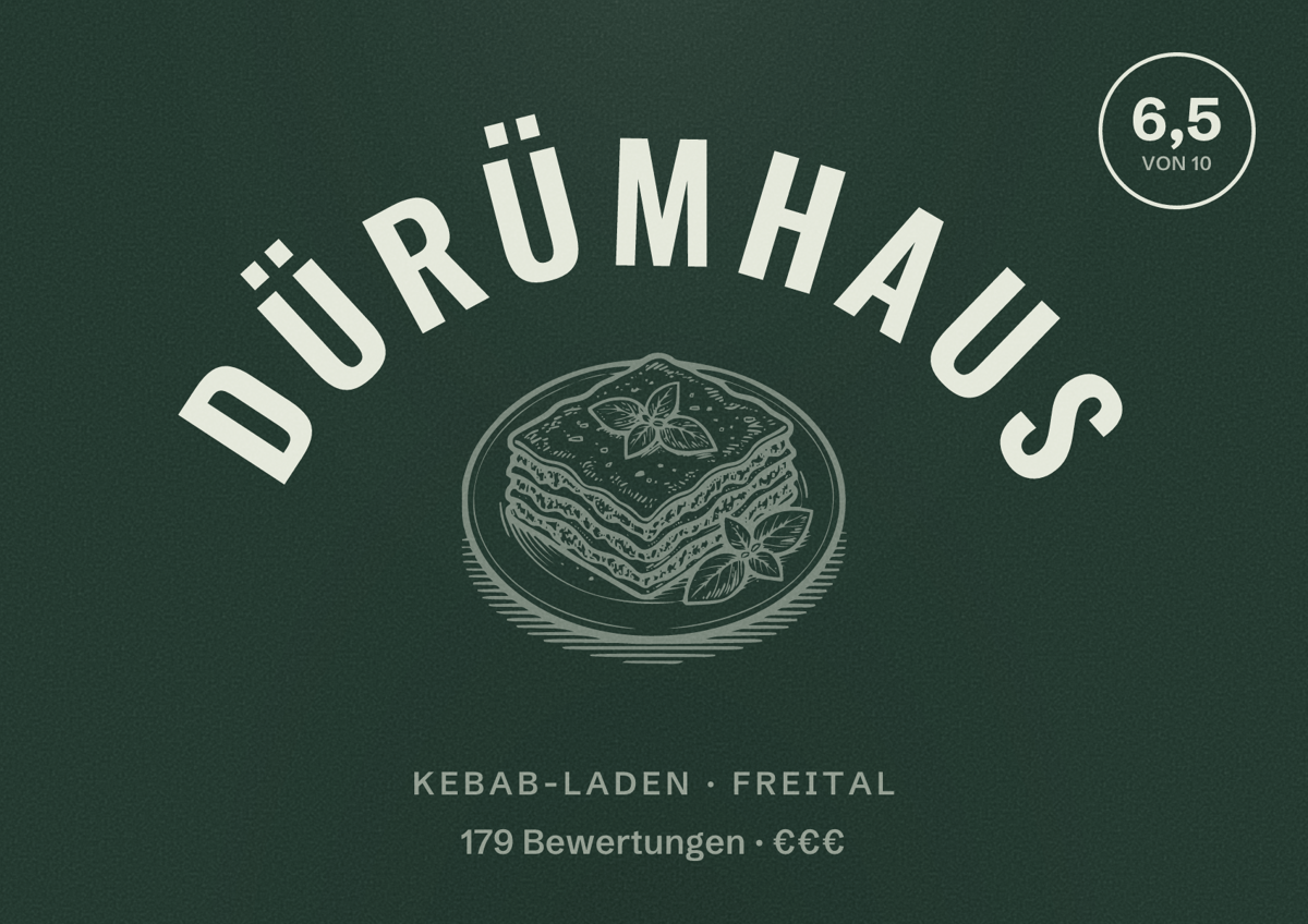 Illustriertes Poster von Dürümhaus, Kebab-Laden in Freital: Bewertung 6,5 von 10 aus 179 Bewertungen, Preisniveau €€€