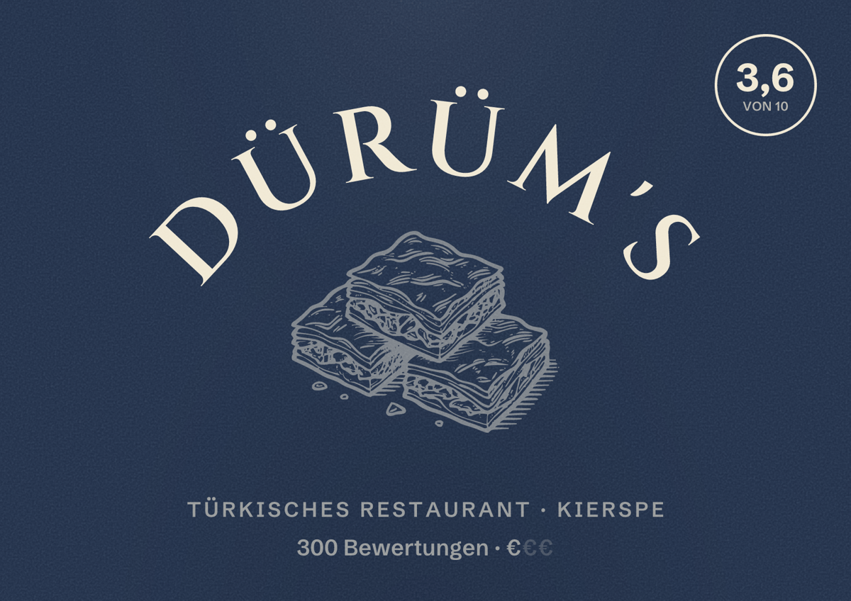 Illustriertes Poster von Dürüm's, Türkisches Restaurant in Kierspe: Bewertung 3,6 von 10 aus 300 Bewertungen, Preisniveau €