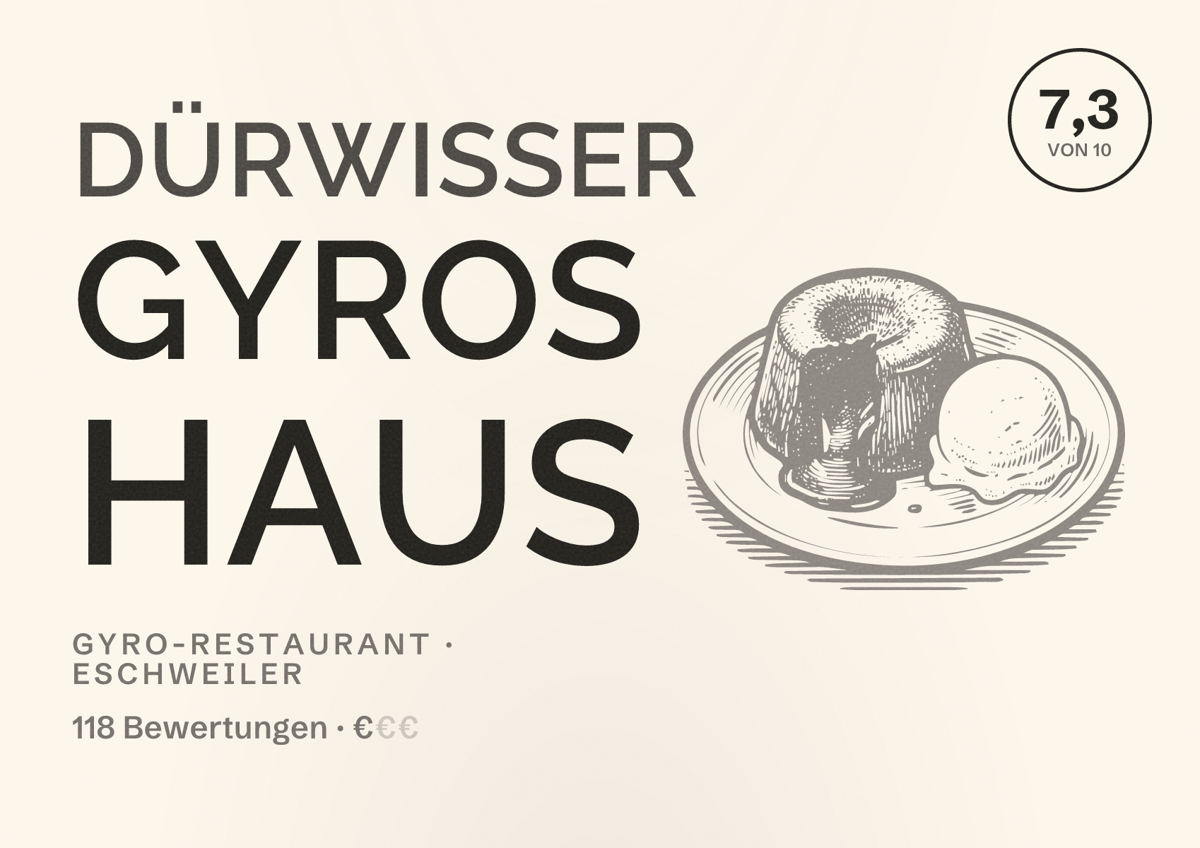 Illustriertes Poster von Dürwißer Gyros Haus, Gyro-Restaurant in Eschweiler: Bewertung 7,3 von 10 aus 118 Bewertungen, Preisniveau €