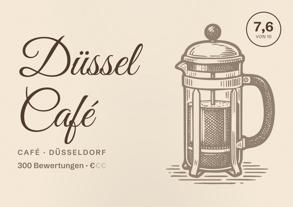 Illustriertes Poster von Düssel Café, Café in Düsseldorf: Bewertung 7,6 von 10 aus 300 Bewertungen, Preisniveau €