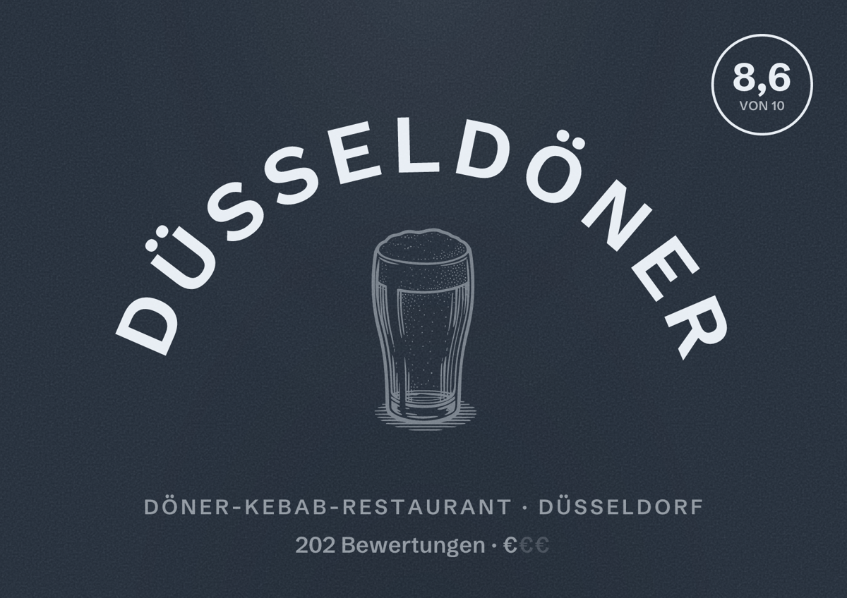 Illustriertes Poster von Düsseldöner, Döner-Kebab-Restaurant in Düsseldorf: Bewertung 8,6 von 10 aus 202 Bewertungen, Preisniveau €