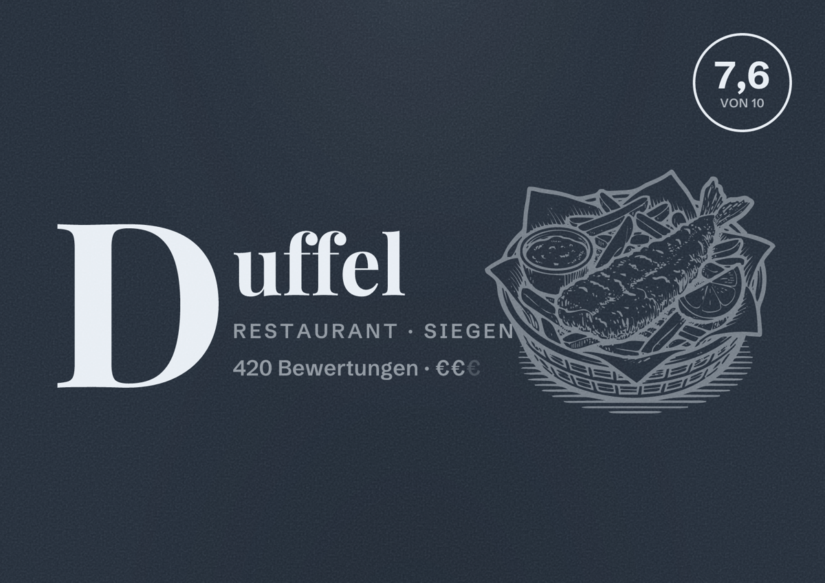 Illustriertes Poster von Duffel, Restaurant in Siegen: Bewertung 7,6 von 10 aus 420 Bewertungen, Preisniveau €€