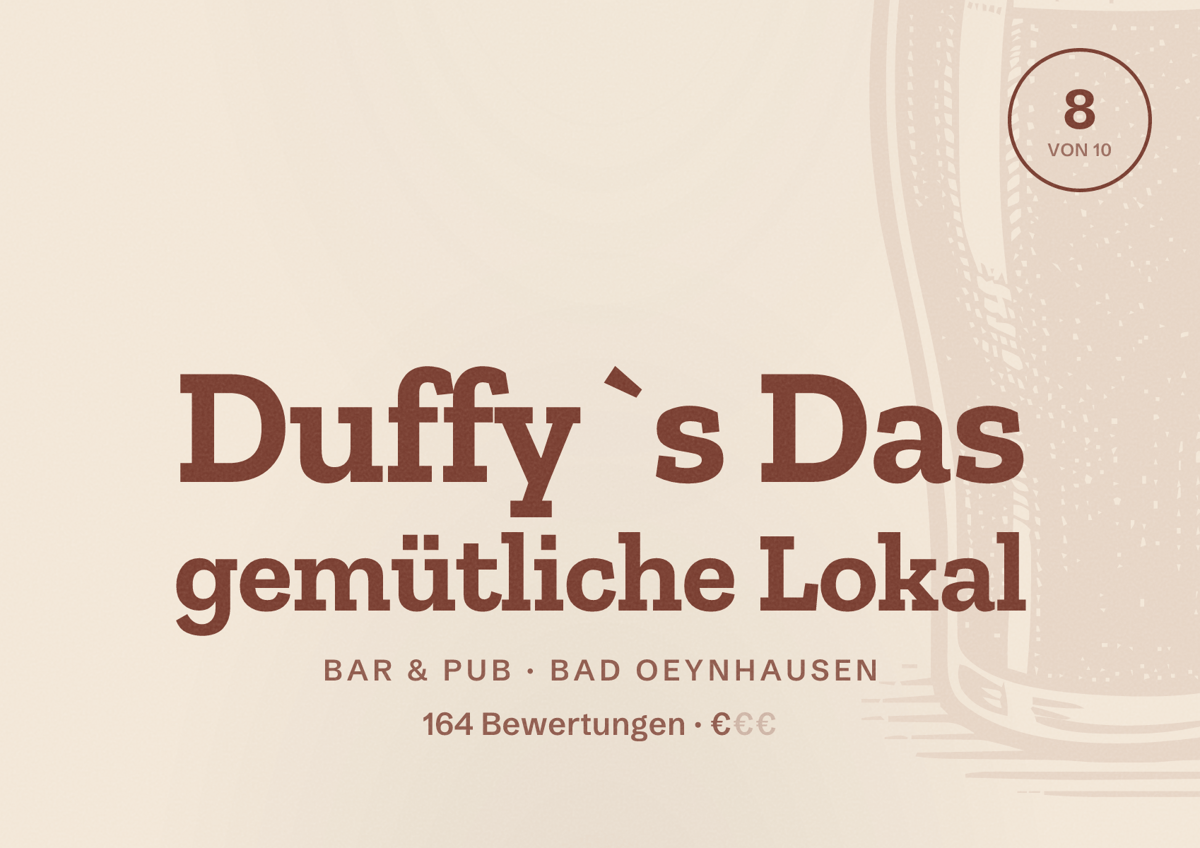 Illustriertes Poster von Duffy`s Das gemütliche Lokal, Bar & Pub in Bad Oeynhausen: Bewertung 8 von 10 aus 164 Bewertungen, Preisniveau €