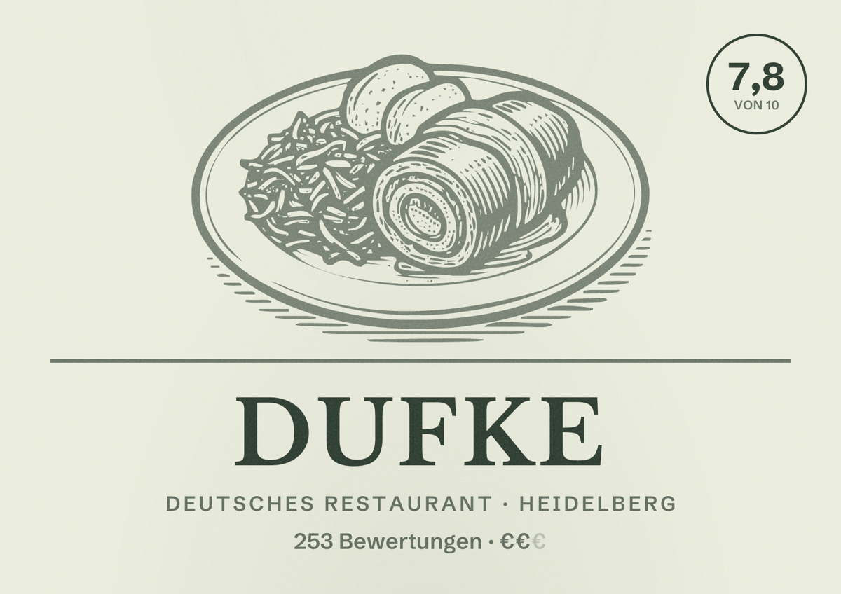 Illustriertes Poster von DUFKE, Deutsches Restaurant in Heidelberg: Bewertung 7,8 von 10 aus 253 Bewertungen, Preisniveau €€