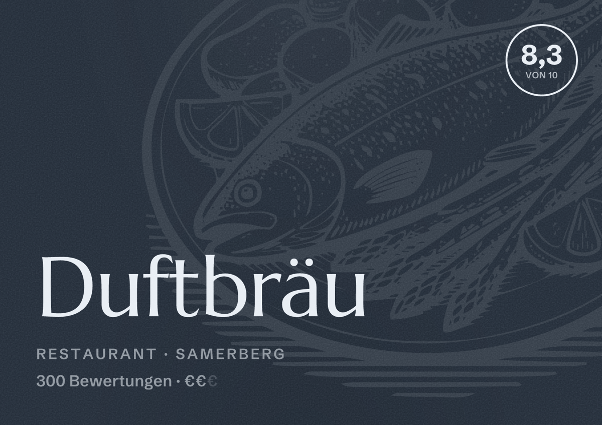 Illustriertes Poster von Duftbräu, Restaurant in Samerberg: Bewertung 8,3 von 10 aus 300 Bewertungen, Preisniveau €€