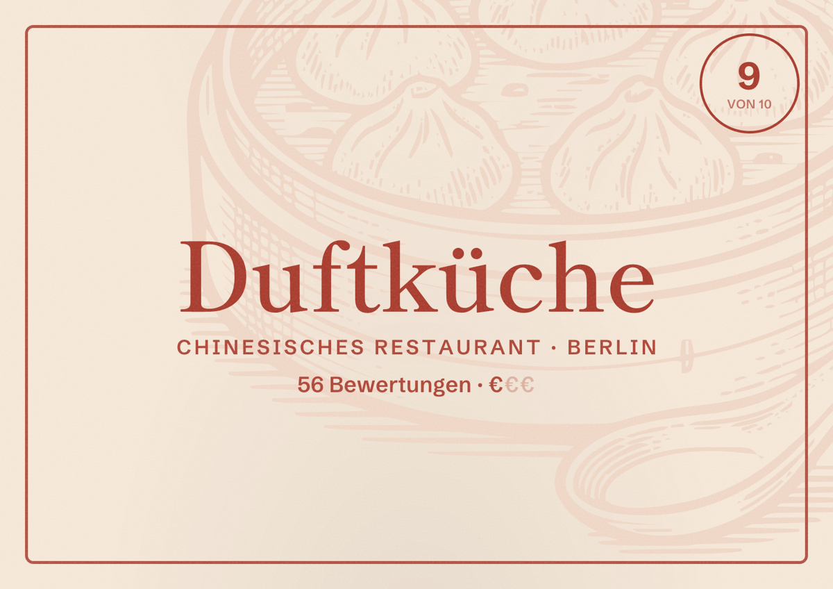 Illustriertes Poster von Duftküche, Chinesisches Restaurant in Berlin: Bewertung 9,0 von 10 aus 56 Bewertungen, Preisniveau €