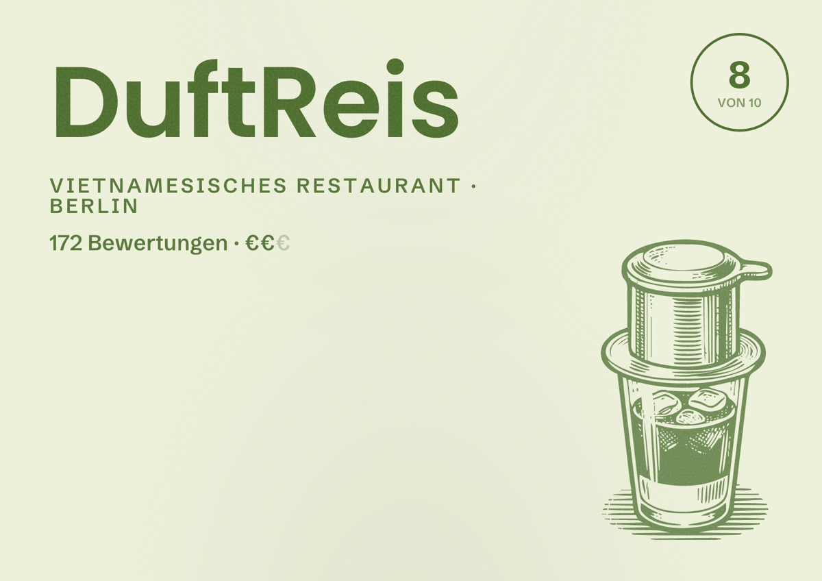 Illustriertes Poster von DuftReis, Vietnamesisches Restaurant in Berlin: Bewertung 8,0 von 10 aus 172 Bewertungen, Preisniveau €€