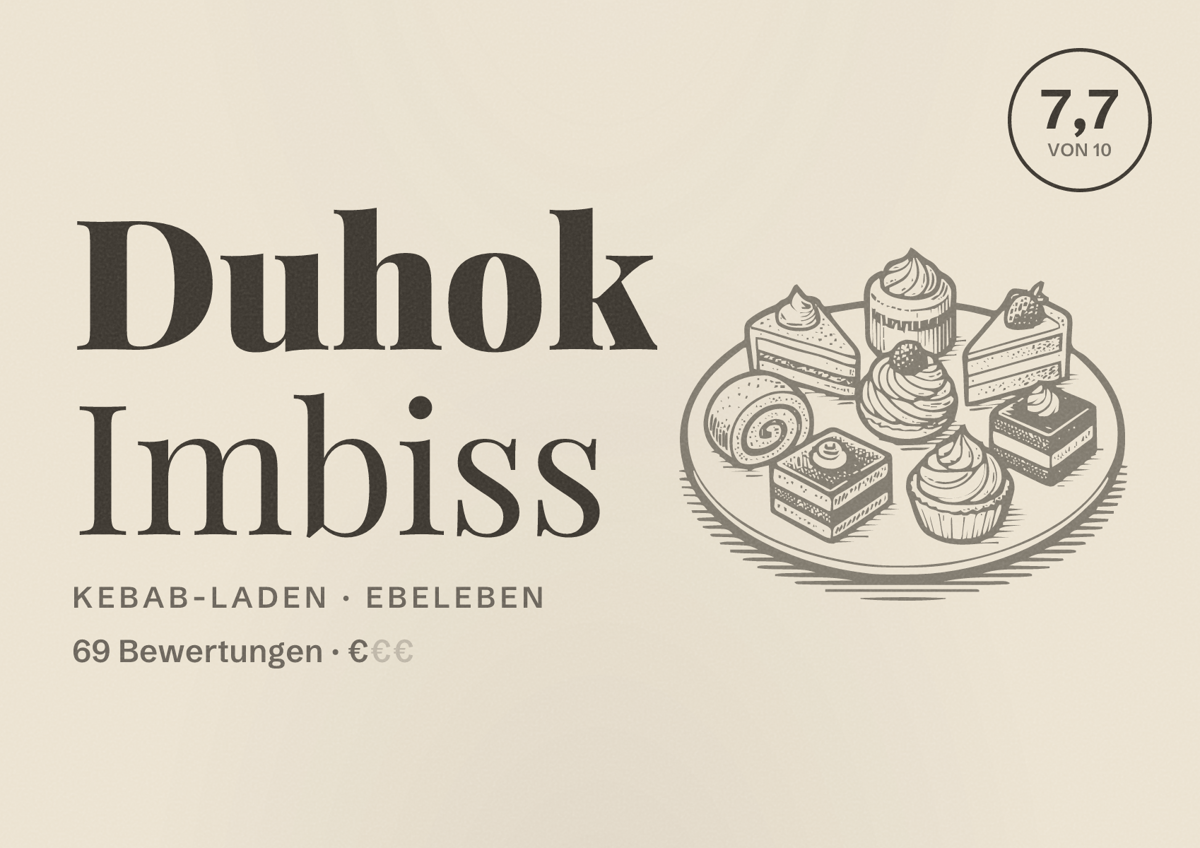 Illustriertes Poster von Duhok Imbiss, Kebab-Laden in Ebeleben: Bewertung 7,7 von 10 aus 69 Bewertungen, Preisniveau €