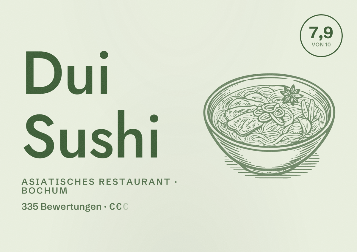 Illustriertes Poster von Dui Sushi, Asiatisches Restaurant in Bochum: Bewertung 7,9 von 10 aus 335 Bewertungen, Preisniveau €€