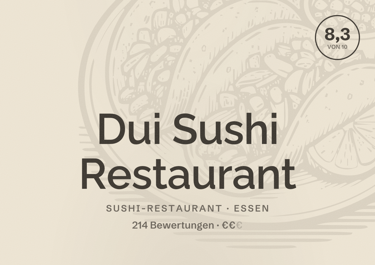 Illustriertes Poster von Dui Sushi Restaurant, Sushi-Restaurant in Essen: Bewertung 8,3 von 10 aus 214 Bewertungen, Preisniveau €€