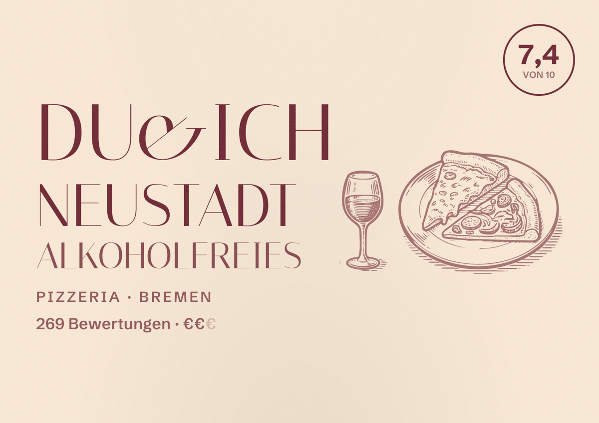 Illustriertes Poster von du&ich Neustadt alkoholfreies, Pizzeria in Bremen: Bewertung 7,4 von 10 aus 269 Bewertungen, Preisniveau €€