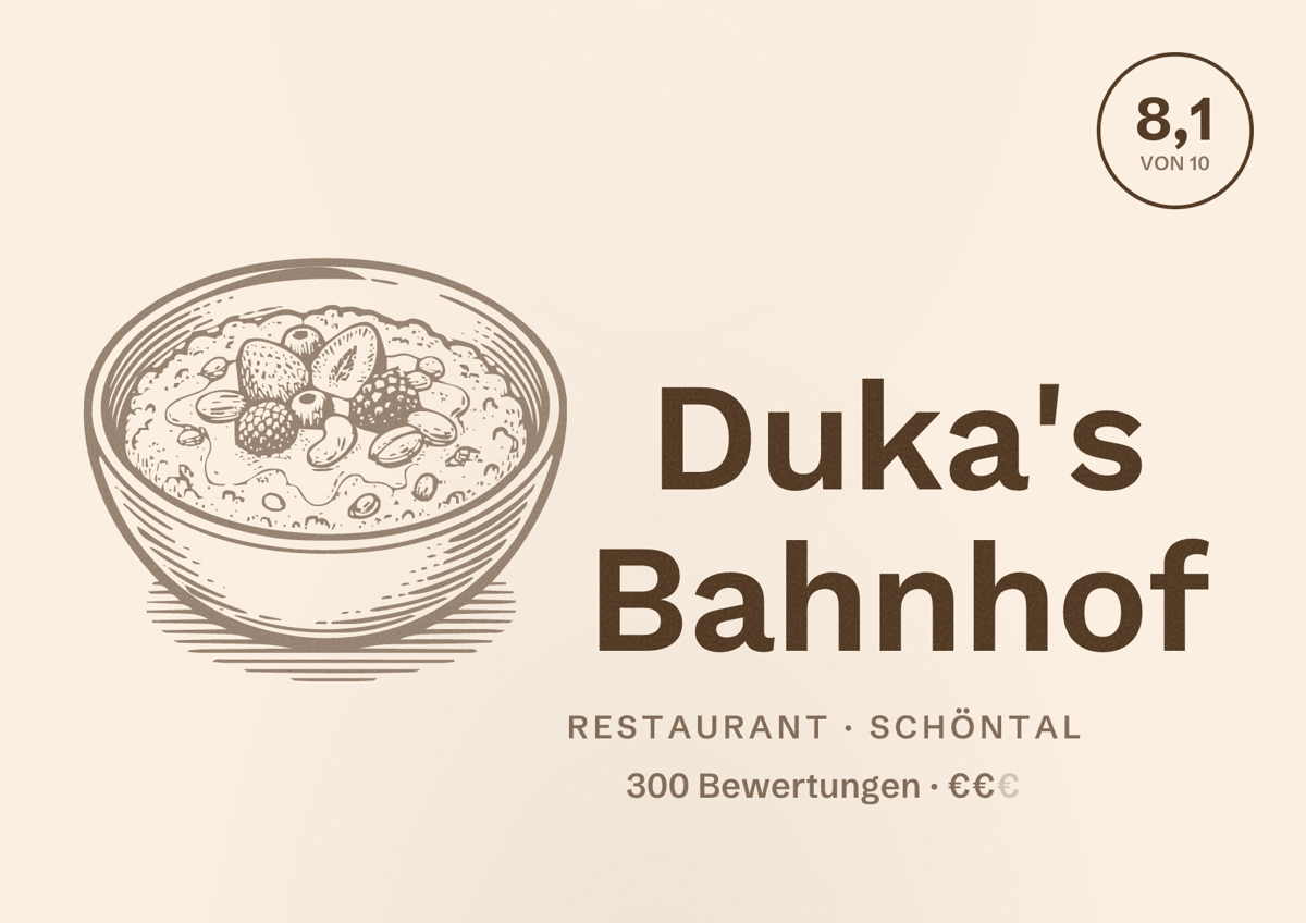 Illustriertes Poster von Duka's Bahnhof, Restaurant in Schöntal: Bewertung 8,1 von 10 aus 300 Bewertungen, Preisniveau €€