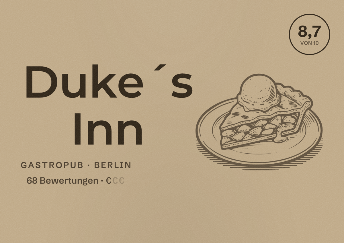 Illustriertes Poster von Duke´s Inn, Gastropub in Berlin: Bewertung 8,7 von 10 aus 68 Bewertungen, Preisniveau €