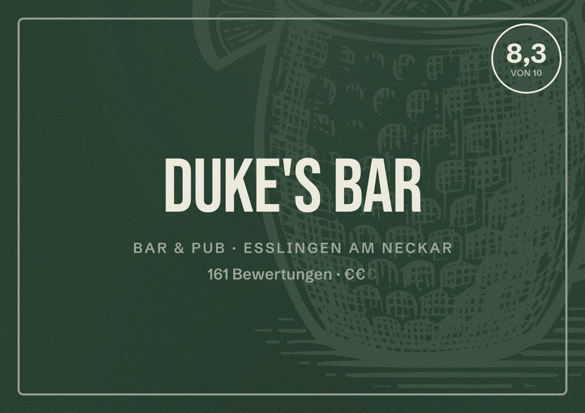 Illustriertes Poster von Duke's Bar, Bar & Pub in Esslingen am Neckar: Bewertung 8,3 von 10 aus 161 Bewertungen, Preisniveau €€