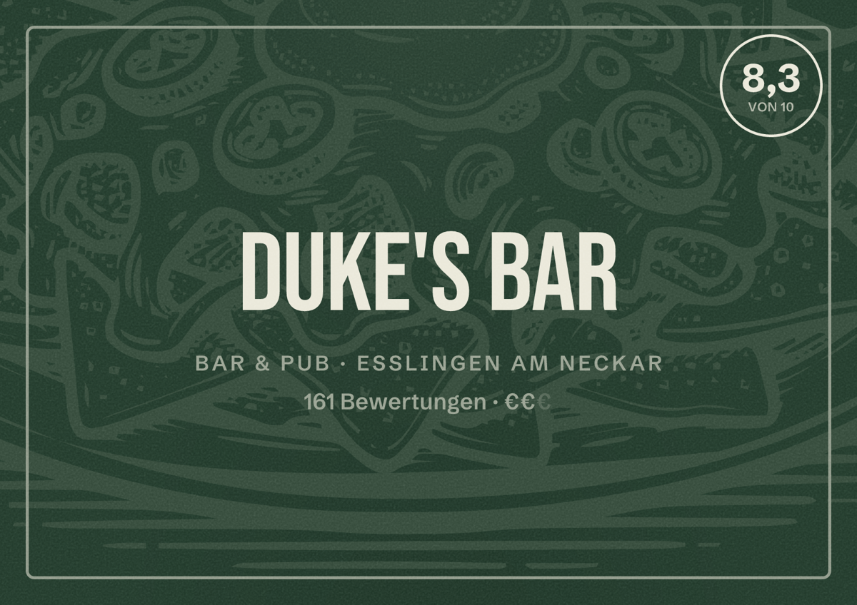 Illustriertes Poster von Duke's Bar, Bar & Pub in Esslingen am Neckar: Bewertung 8,3 von 10 aus 161 Bewertungen, Preisniveau €€