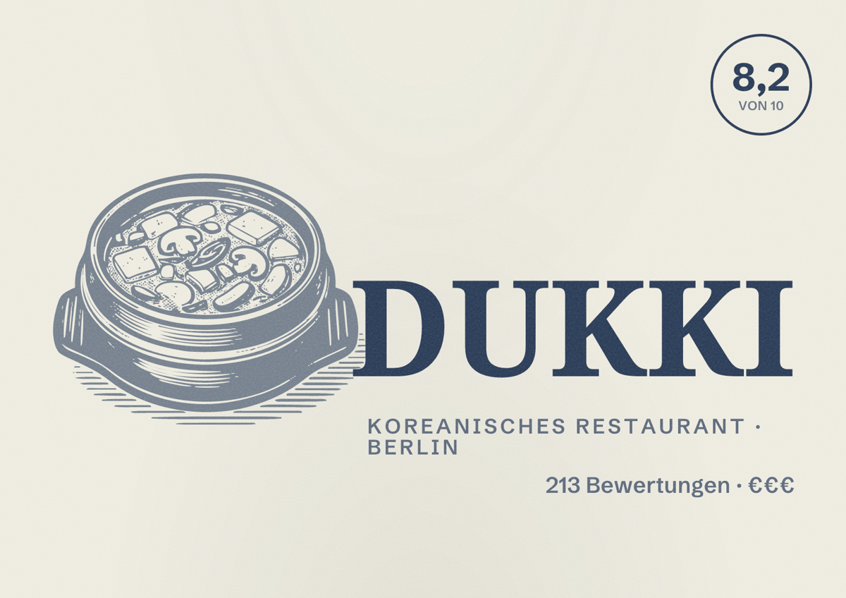 Illustriertes Poster von DUKKI, Koreanisches Restaurant in Berlin: Bewertung 8,2 von 10 aus 213 Bewertungen, Preisniveau €€€