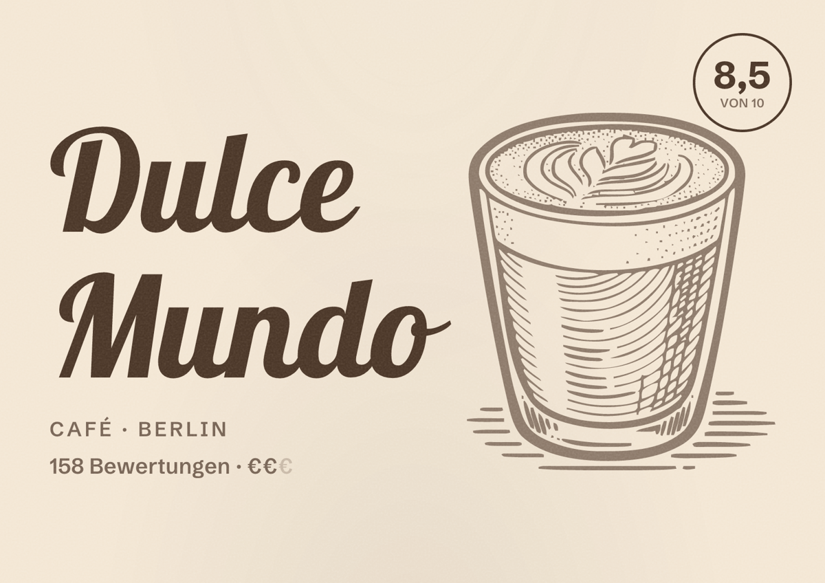Illustriertes Poster von Dulce Mundo, Café in Berlin: Bewertung 8,5 von 10 aus 158 Bewertungen, Preisniveau €€