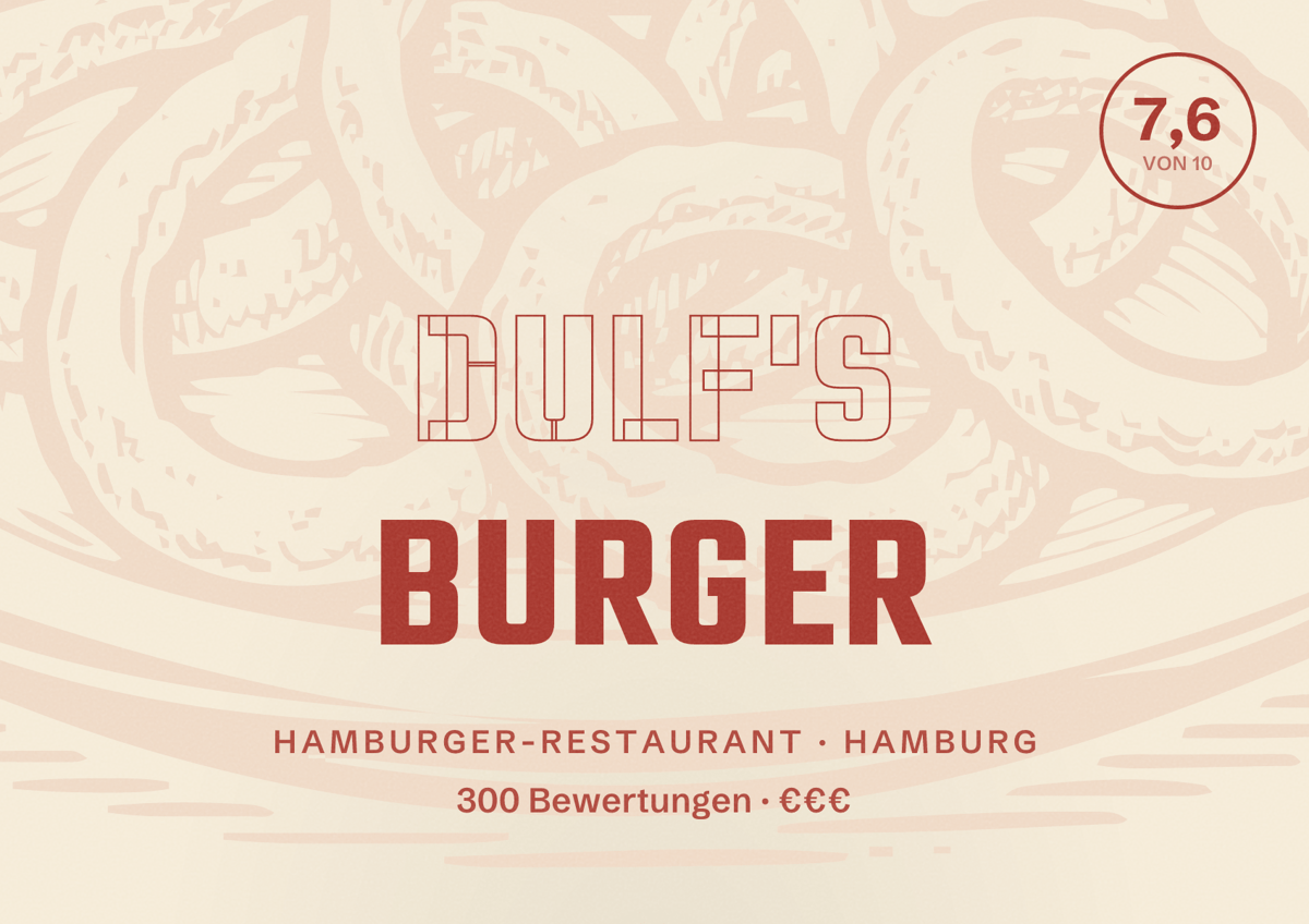 Illustriertes Poster von Dulf's Burger, Hamburger-Restaurant in Hamburg: Bewertung 7,6 von 10 aus 300 Bewertungen, Preisniveau €€€