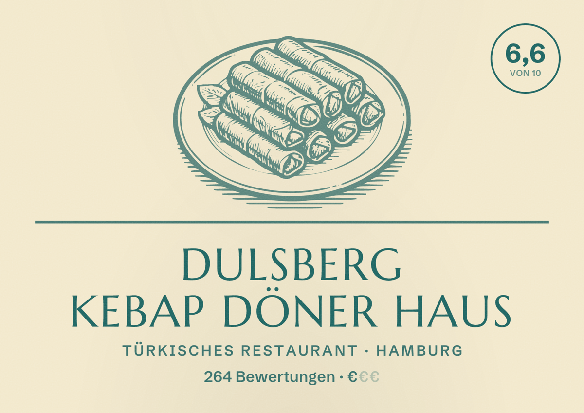 Illustriertes Poster von Dulsberg Kebap Döner Haus, Türkisches Restaurant in Hamburg: Bewertung 6,6 von 10 aus 264 Bewertungen, Preisniveau €
