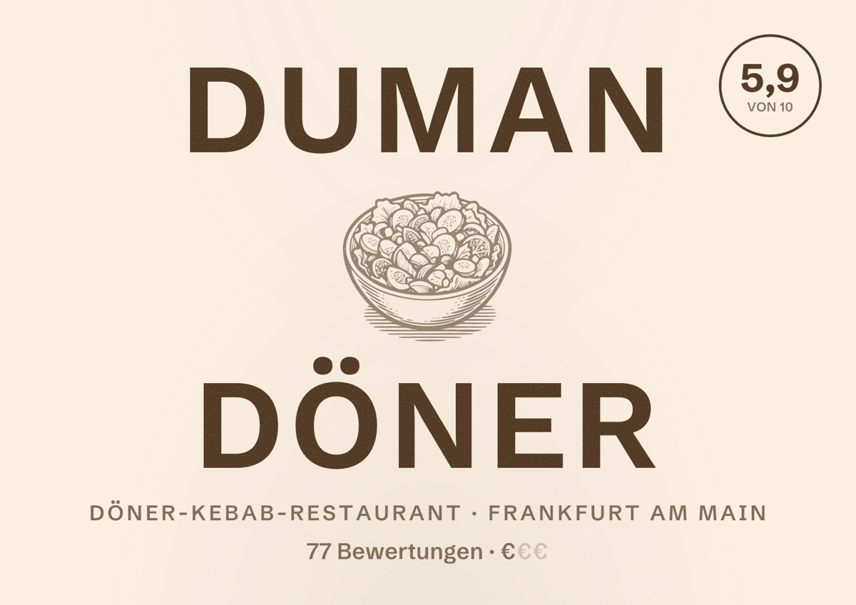Illustriertes Poster von Duman Döner, Döner-Kebab-Restaurant in Frankfurt am Main: Bewertung 5,9 von 10 aus 77 Bewertungen, Preisniveau €