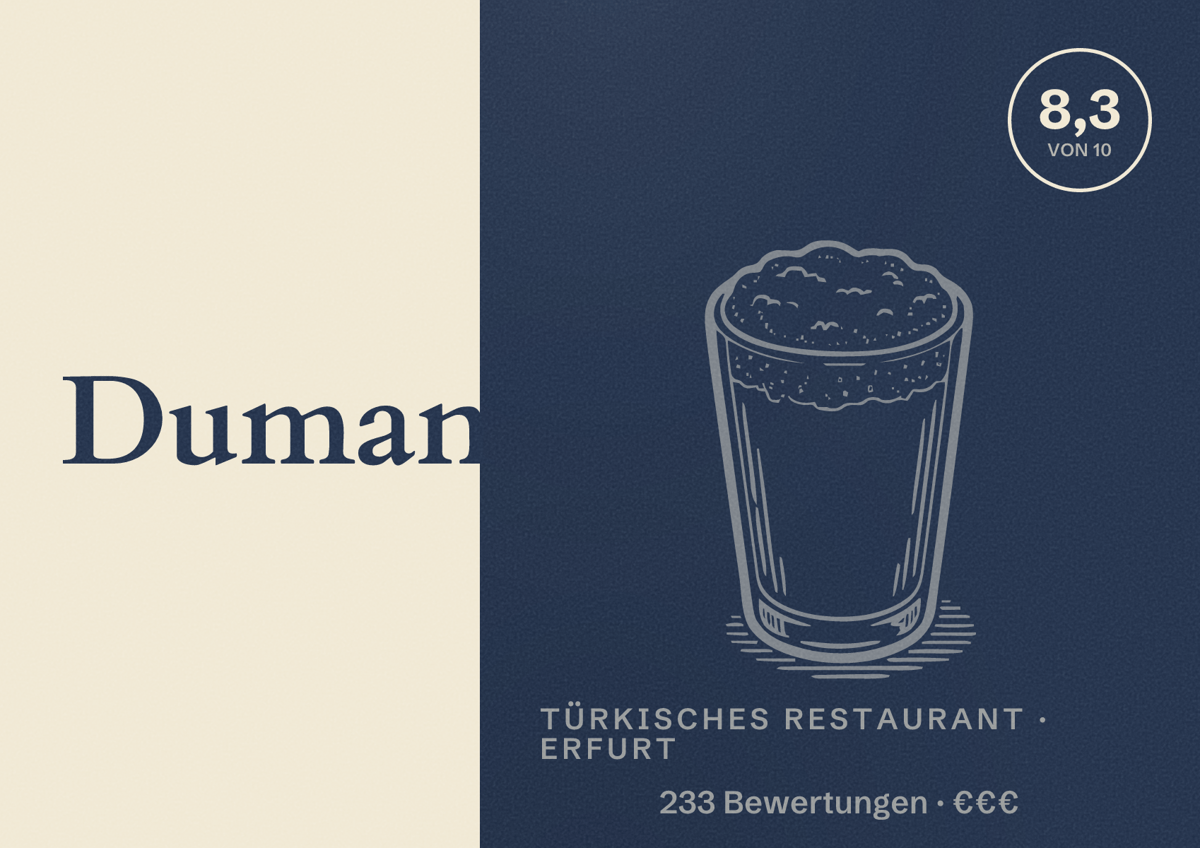 Illustriertes Poster von Duman, Türkisches Restaurant in Erfurt: Bewertung 8,3 von 10 aus 233 Bewertungen, Preisniveau €€€