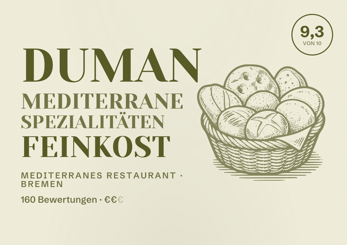 Illustriertes Poster von Duman Mediterrane Spezialitäten Feinkost, Mediterranes Restaurant in Bremen: Gästebewertung 9,3 von 10 aus 160 Bewertungen
