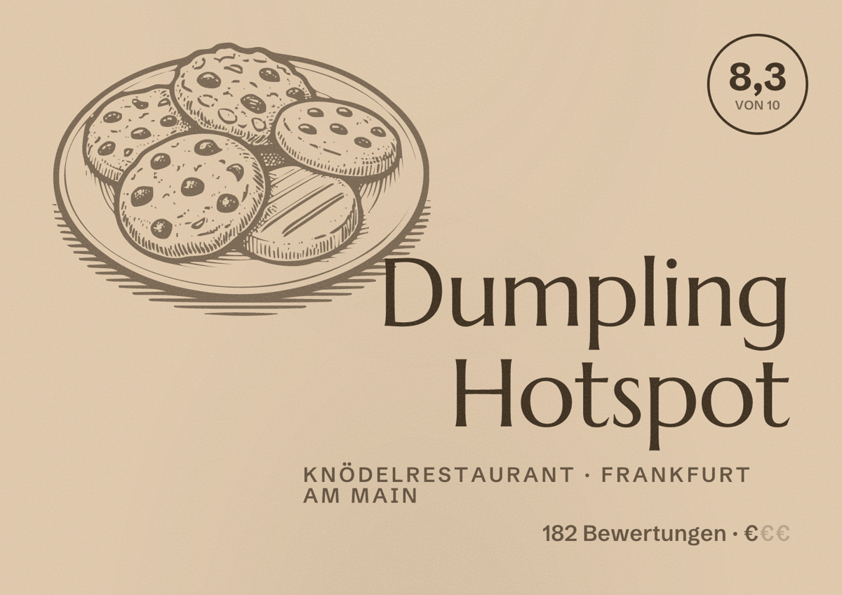 Illustriertes Poster von Dumpling Hotspot, Knödelrestaurant in Frankfurt am Main: Bewertung 8,3 von 10 aus 182 Bewertungen, Preisniveau €