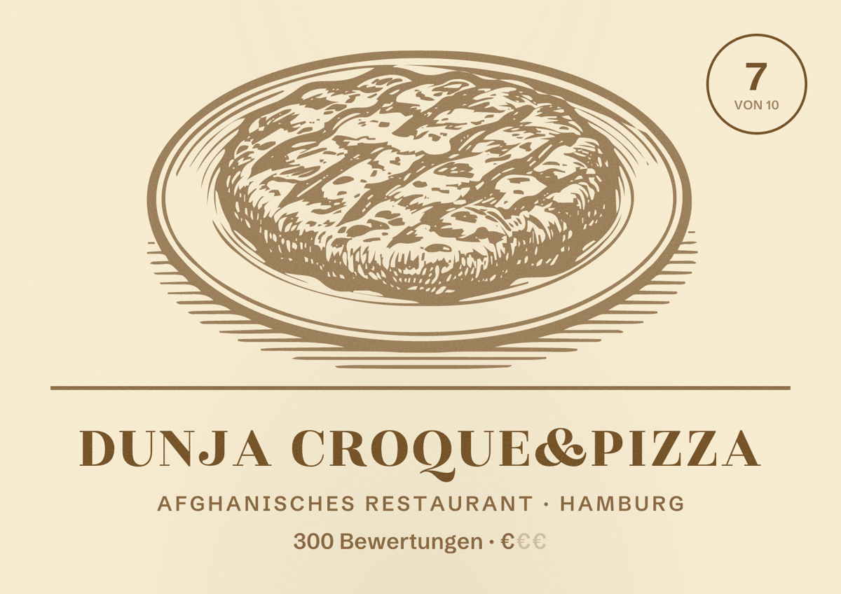 Illustriertes Poster von Dunja Croque&Pizza, Afghanisches Restaurant in Hamburg: Bewertung 7,0 von 10 aus 300 Bewertungen, Preisniveau €