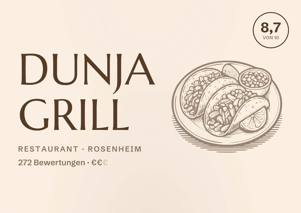 Illustriertes Poster von Dunja Grill, Restaurant in Rosenheim: Bewertung 8,7 von 10 aus 272 Bewertungen, Preisniveau €€