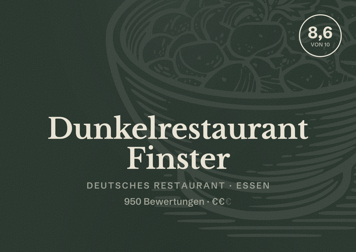 Illustriertes Poster von Dunkelrestaurant Finster, Deutsches Restaurant in Essen: Bewertung 8,6 von 10 aus 950 Bewertungen, Preisniveau €€