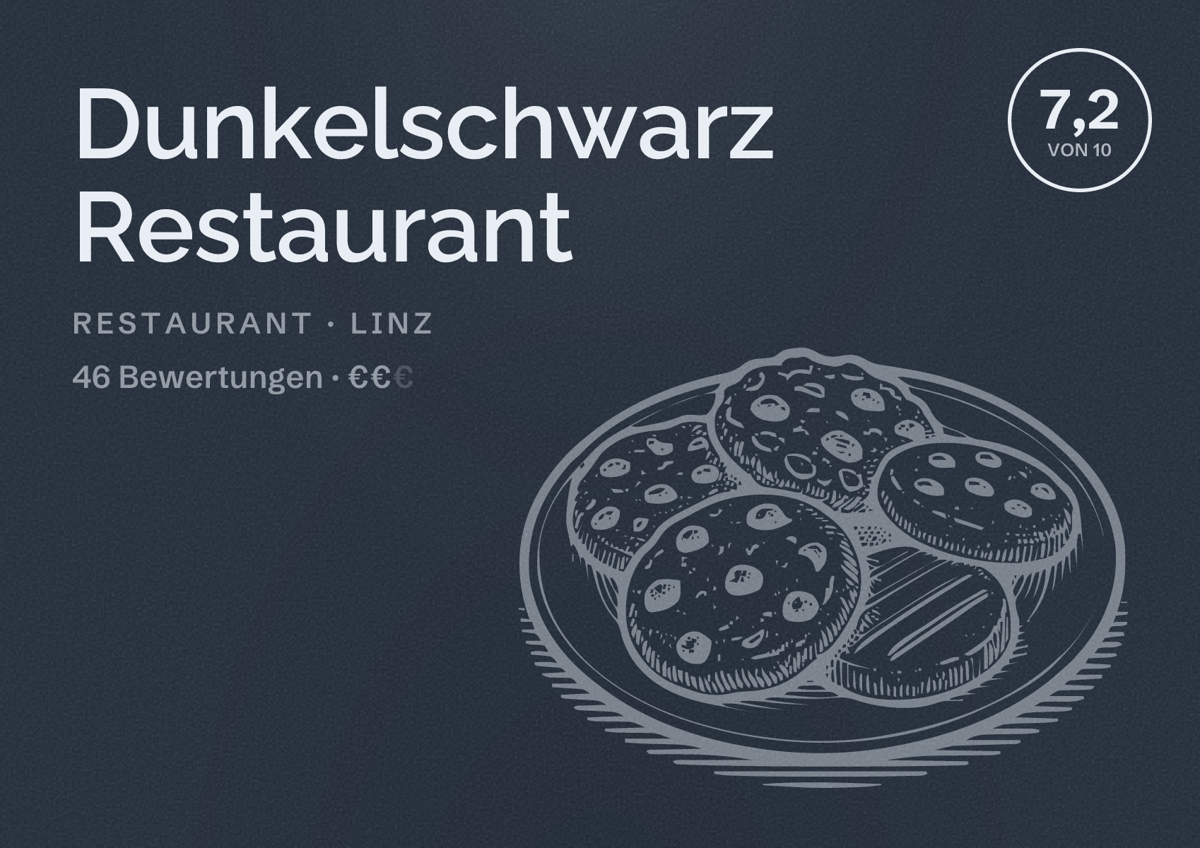 Illustriertes Poster von Dunkelschwarz Restaurant, Restaurant in Linz: Bewertung 7,2 von 10 aus 46 Bewertungen, Preisniveau €€