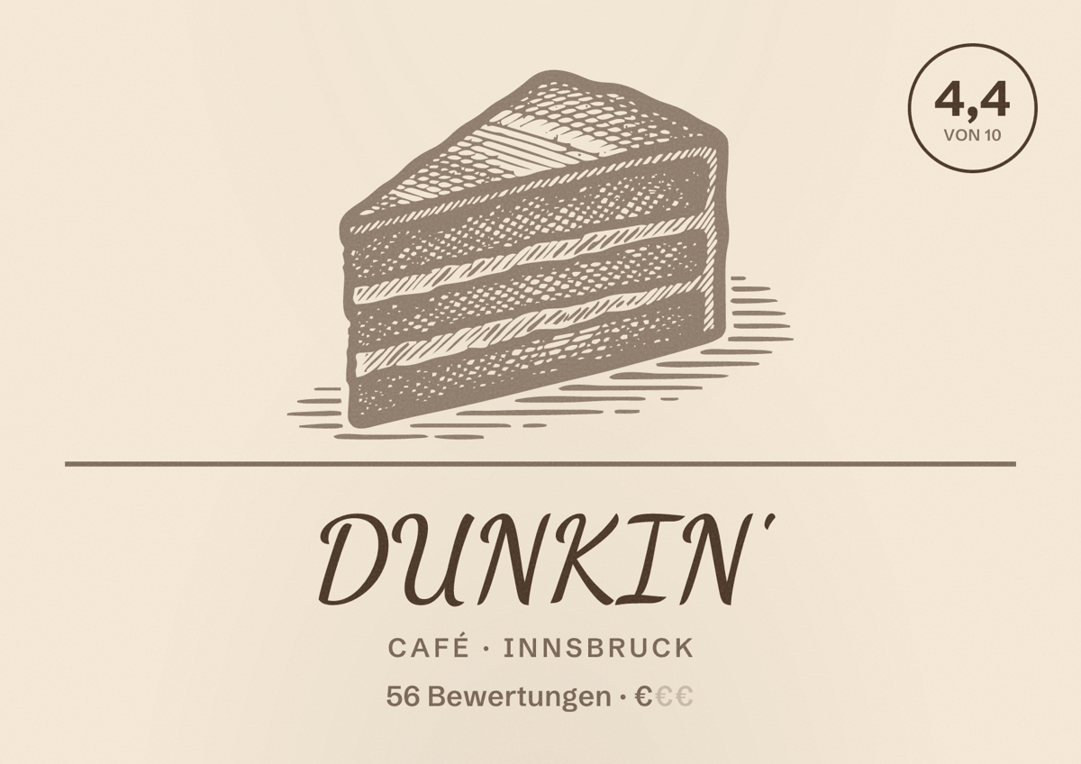 Illustriertes Poster von DUNKIN', Café in Innsbruck: Bewertung 4,4 von 10 aus 56 Bewertungen, Preisniveau €