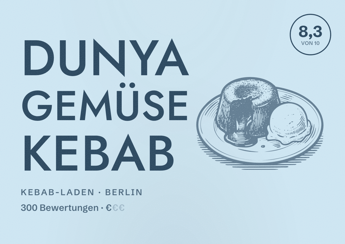 Illustriertes Poster von Dunya Gemüse Kebab, Kebab-Laden in Berlin: Bewertung 8,3 von 10 aus 300 Bewertungen, Preisniveau €