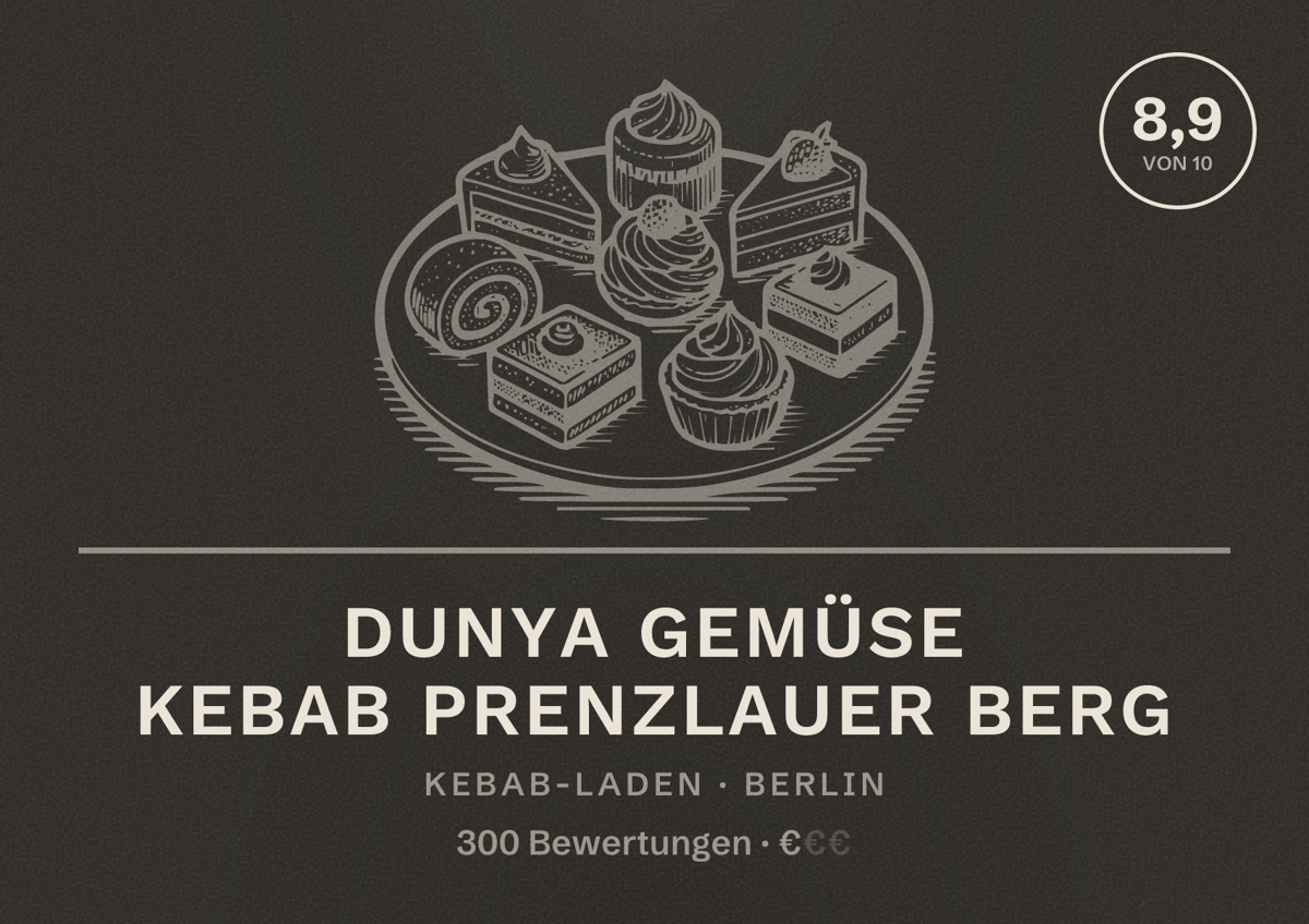 Illustriertes Poster von Dunya Gemüse Kebab Prenzlauer Berg, Kebab-Laden in Berlin: Bewertung 8,9 von 10 aus 300 Bewertungen, Preisniveau €