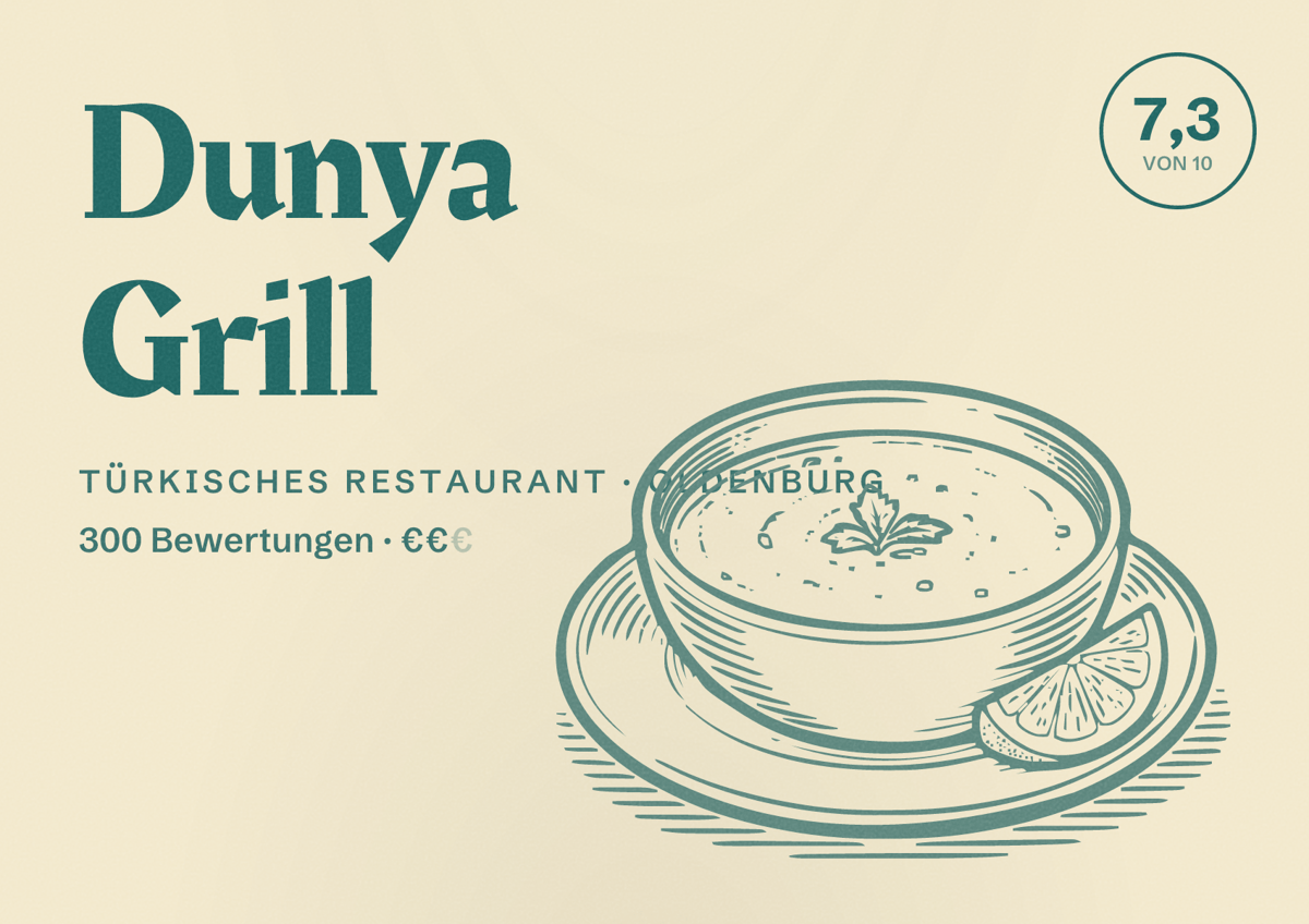 Illustriertes Poster von Dunya Grill, Türkisches Restaurant in Oldenburg: Bewertung 7,3 von 10 aus 300 Bewertungen, Preisniveau €€