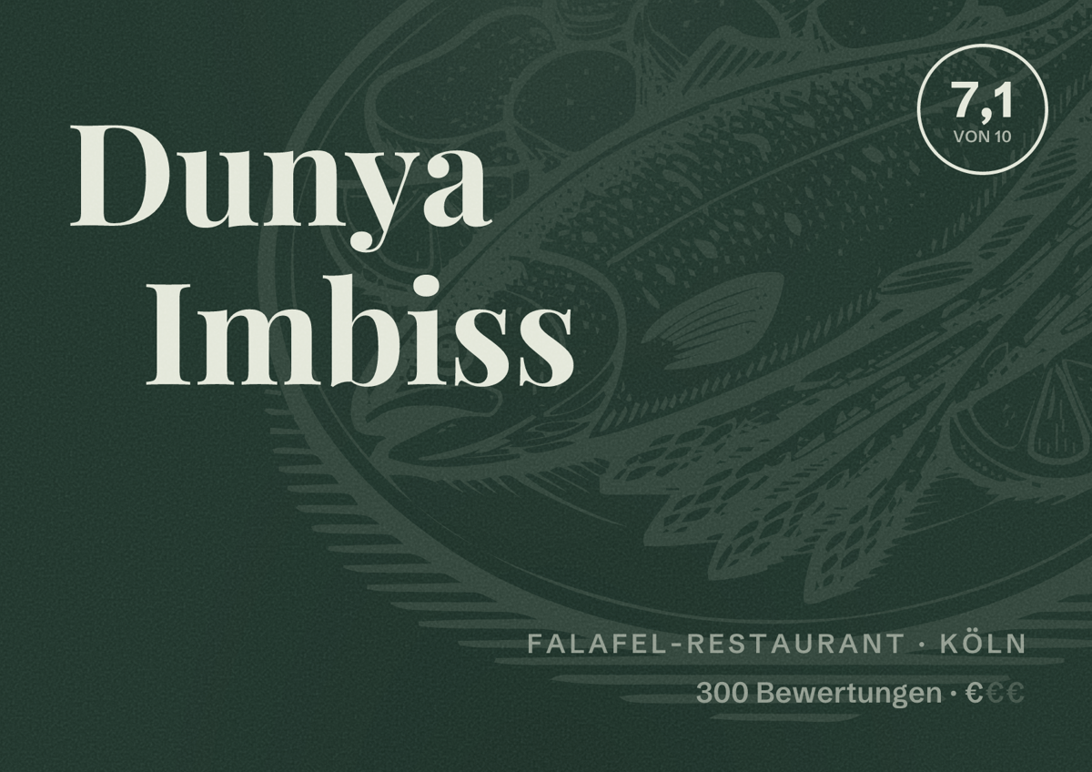 Illustriertes Poster von Dunya Imbiss, Falafel-Restaurant in Köln: Bewertung 7,1 von 10 aus 300 Bewertungen, Preisniveau €