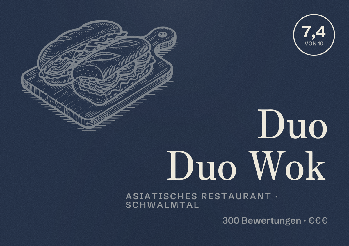 Illustriertes Poster von Duo Duo Wok, Asiatisches Restaurant in Schwalmtal: Bewertung 7,4 von 10 aus 300 Bewertungen, Preisniveau €€€