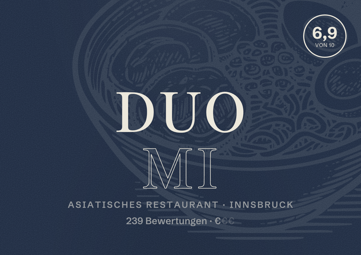 Illustriertes Poster von DUO MI, Asiatisches Restaurant in Innsbruck: Bewertung 6,9 von 10 aus 239 Bewertungen, Preisniveau €